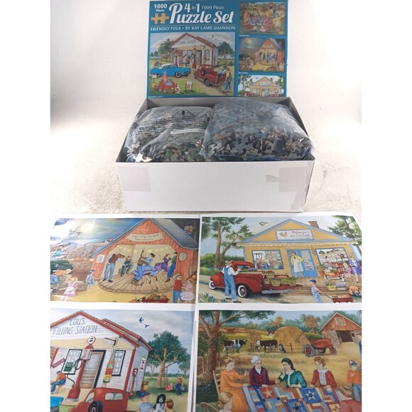Friendly Folk 4 in 1 1000 Piece Jigsaw Puzzles Set by Kay Lamb Shannon - Picture 3 of 3